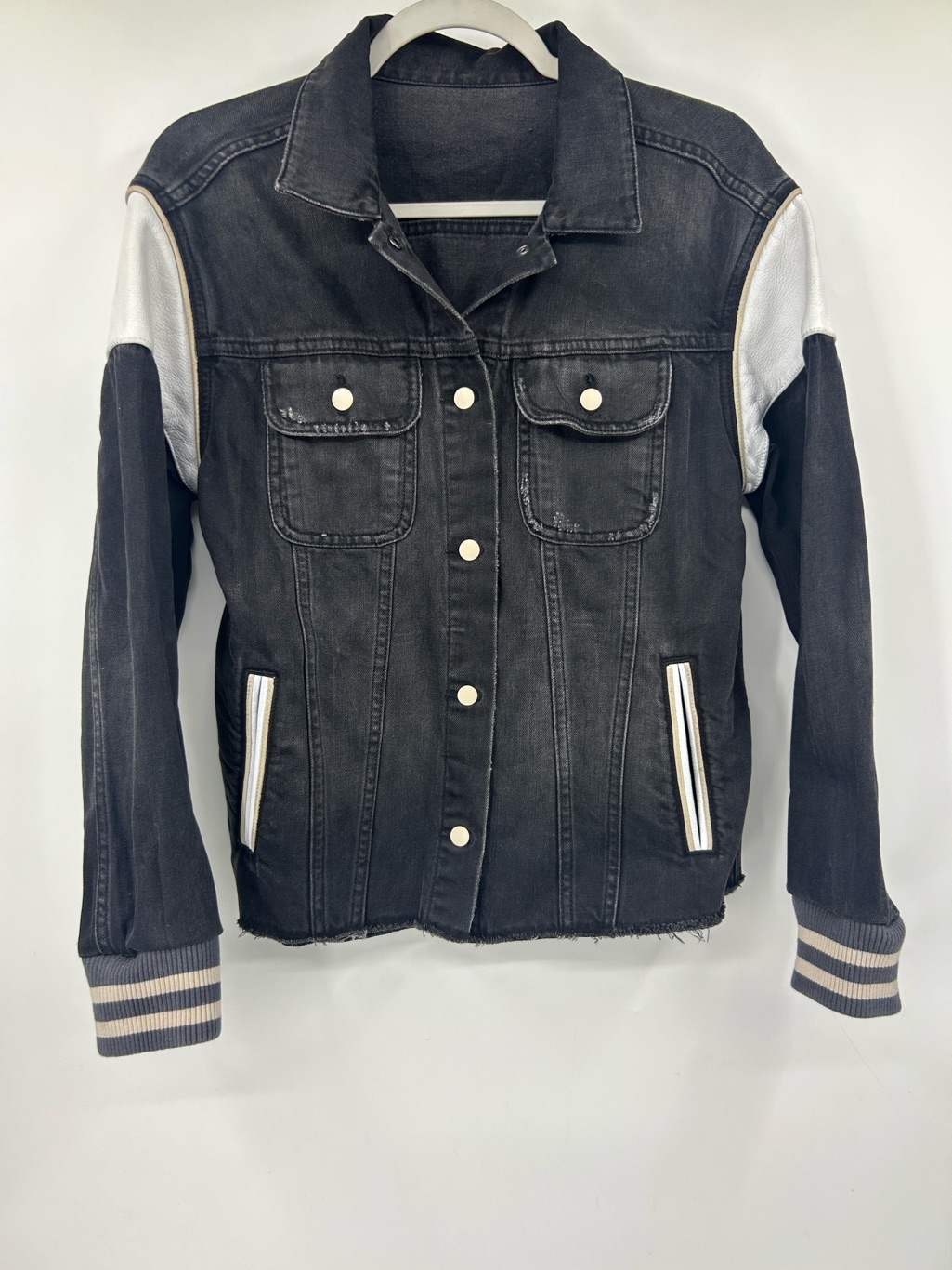 All Saints Womenâs Black Vintage Baseball Denim Jacket Leather Panels Size 10